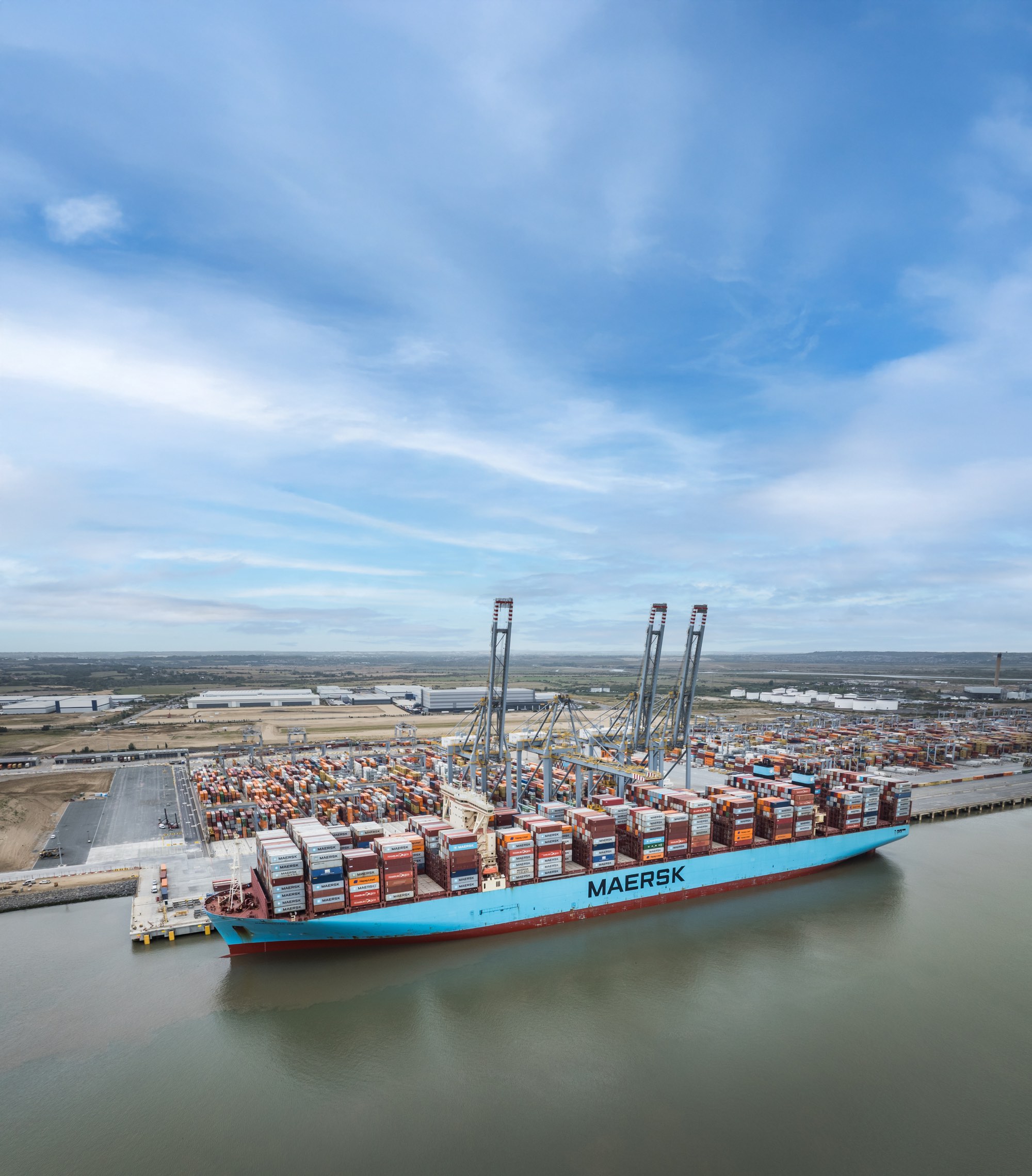 A Maersk container ship berthed at DP World London Gateway