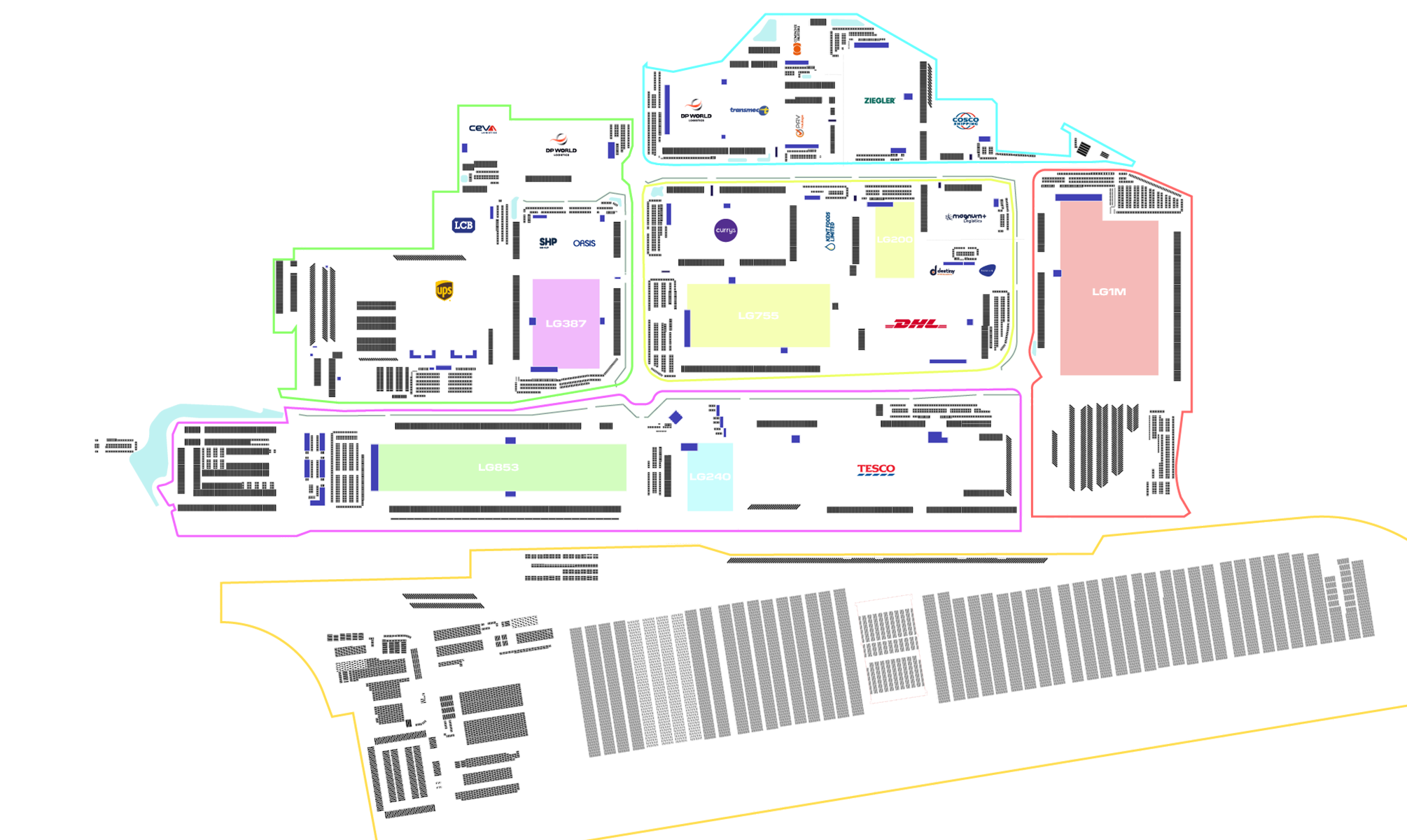 Masterplan of DP World London Gateway showing the logistics park plots, occupiers, rail terminal and deep-sea berths